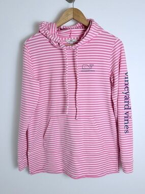 Vineyard Vines Pink Stripe Whale Terry Hoodie Preppy Coastal